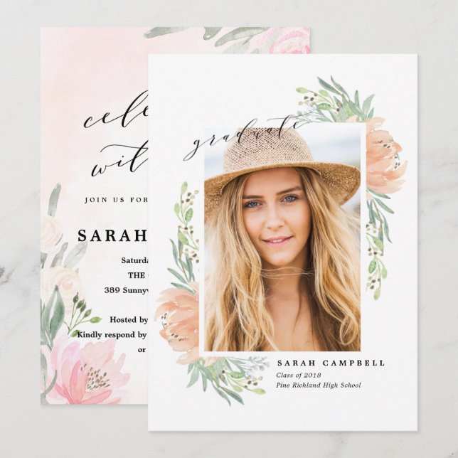 Acuarela/flores de la tarjeta de la graduación de (Anverso / Reverso)