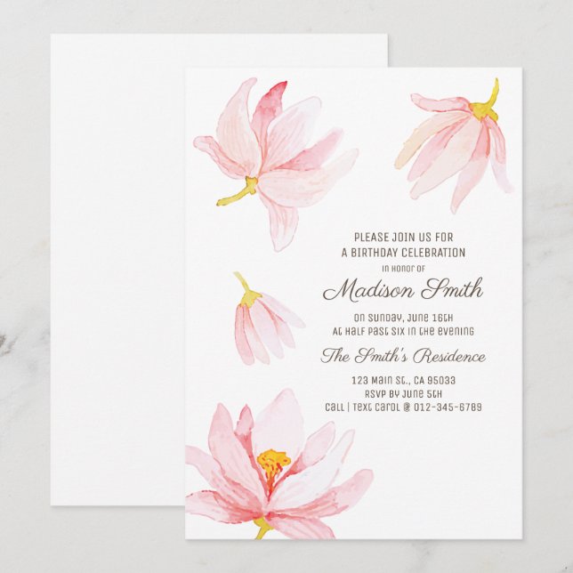 Acuarela Flores Invitación a fiesta de cumpleaños (Anverso / Reverso)