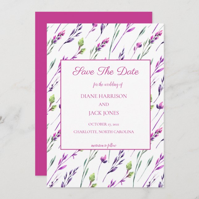 Acuarela Flores Purpura Invitación de Boda Guardar (Anverso / Reverso)