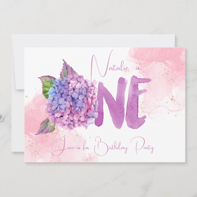 Acuarela hidrangea primer cumpleaños Invitación (Anverso)