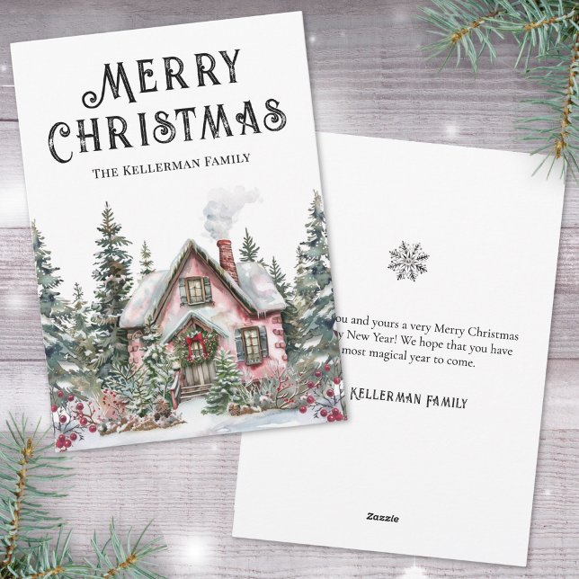 Acuarela Invernal Festiva Feliz Navidad (Festive Winter Cabin Merry Christmas Holiday Card)