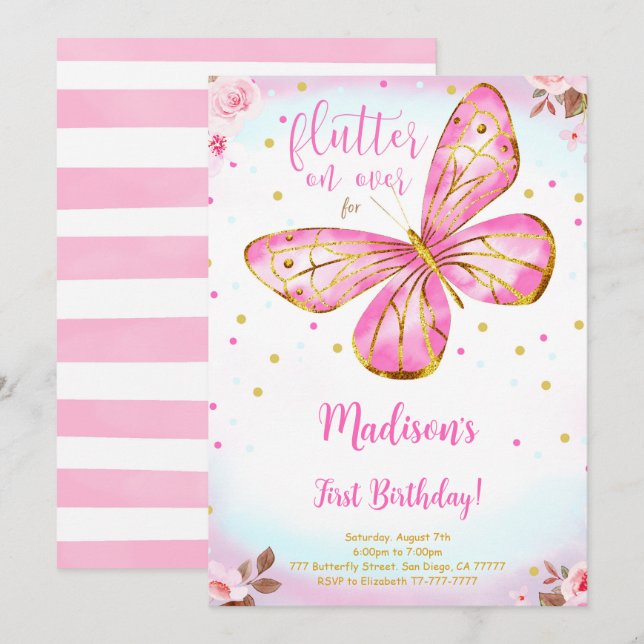Acuarela Invitación a la mariposa de primer cumple (Anverso / Reverso)