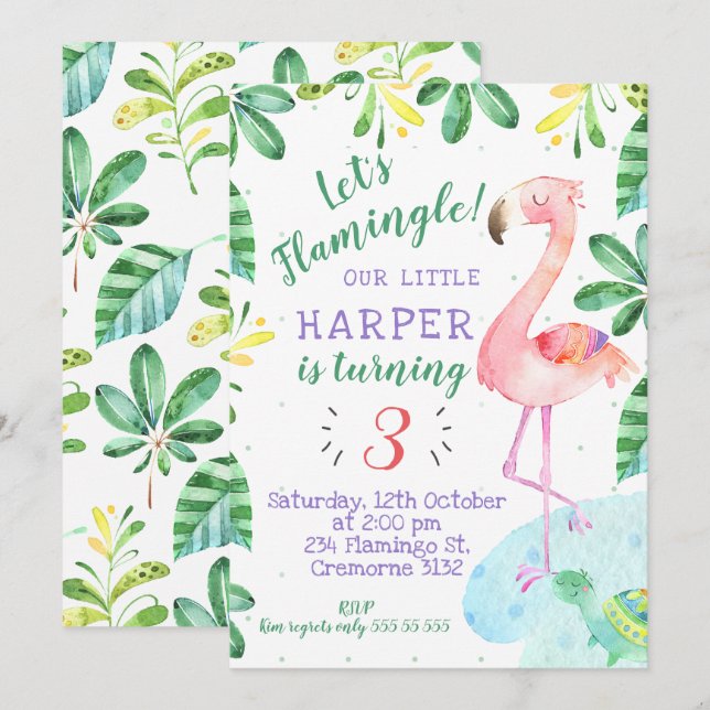 Acuarela Invitación al cumpleaños de Flamingo trop (Anverso / Reverso)