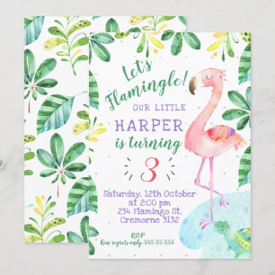 Acuarela Invitación al cumpleaños de Flamingo trop