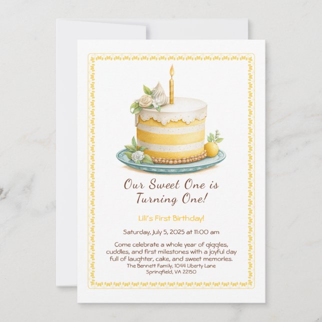 Acuarela Invitación al primer cumpleaños - amarill (Anverso)