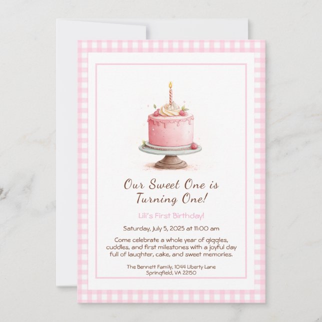 Acuarela Invitación al primer cumpleaños - Rosa pa (Anverso)