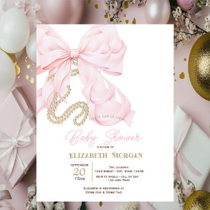Acuarela Invitación de Baby Shower con lazo rosa y