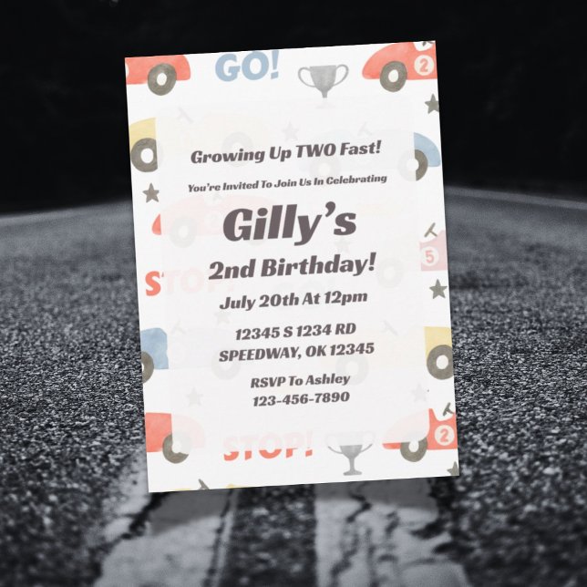 Acuarela Invitación de cumpleaños a la carrera "Do (Race car themed second birthday invitation design with Two Fast party elements.)