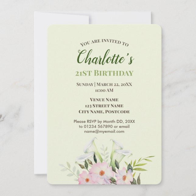 Acuarela Invitación de cumpleaños de Calla blanca  (Anverso)