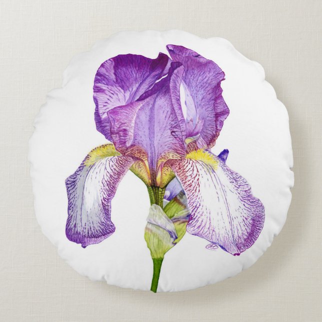 Acuarela Iris Púrpura ~ Moda Almohada redonda flor (Anverso)