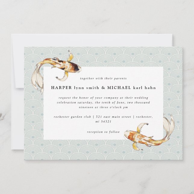acuarela koi pez invitación a la boda azul (Anverso)
