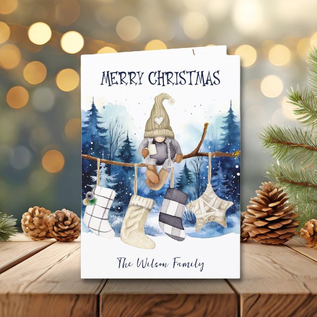 Acuarela Lady Gnome Blue Forest Feliz Navidad (Watercolor Lady Gnome Blue Forest Merry Christmas Holiday Card)