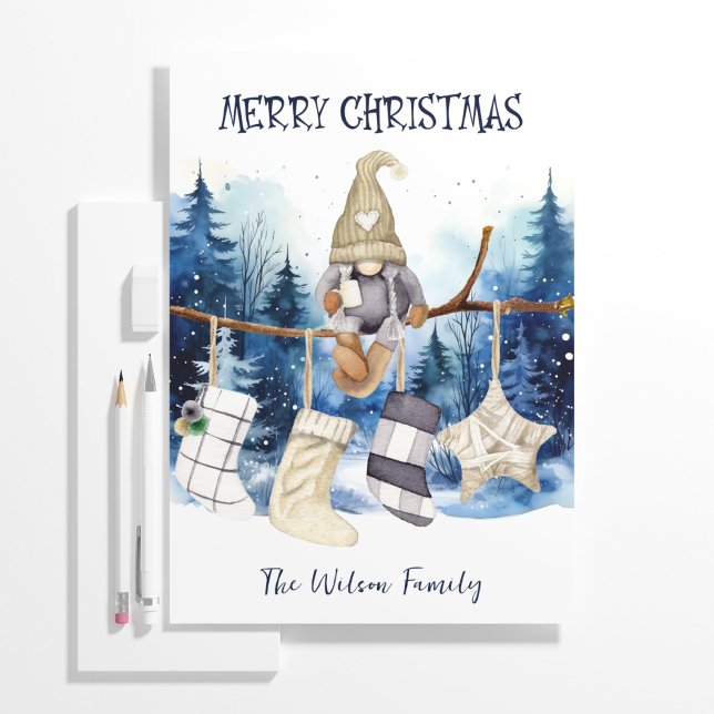 Acuarela Lady Gnome Blue Forest Feliz Navidad (Watercolor Lady Gnome Blue Forest Merry Christmas Holiday Card)