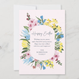 Acuarela, marco floral Feliz Pascua, tarjeta rosa