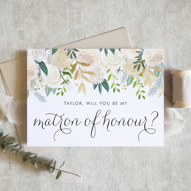 Acuarela Marfil Floral Garland Matron de honor (Floral matron of honour proposal card with ivory flowers, greenery, and faux gold foil accent.)