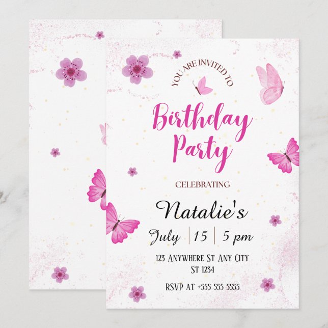 Acuarela mariposas Invitación a fiesta de cumpleañ (Anverso / Reverso)