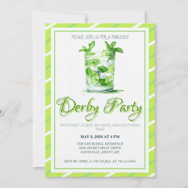 Acuarela Mint Julep Verde Invitación del Derby de  (Anverso)
