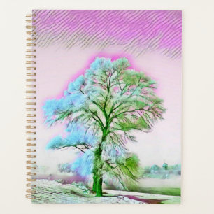 Acuarela moderna de cuaderno de árboles nevados de