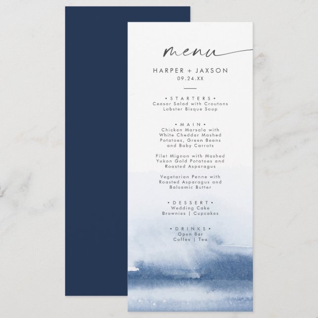 Acuarela moderna | Menú de cena Boda azul (Anverso / Reverso)