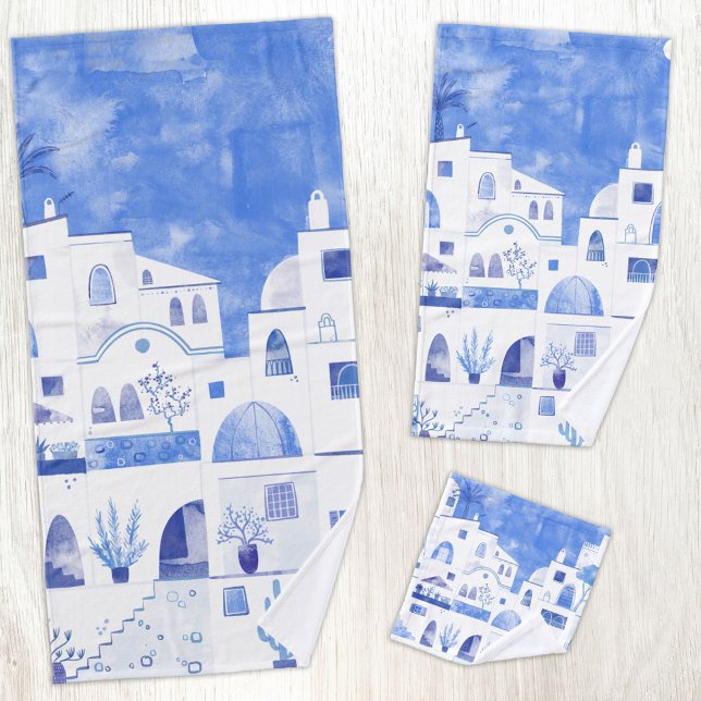 Acuarela moderna Santorini Isla Griega (Santorini Greek Island blue and white watercolor art bathroom towel set)