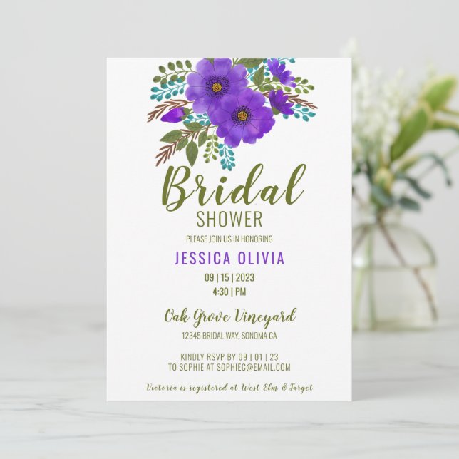 Acuarela Morado Floral Bridal Shower Invitación (Anverso de pie)