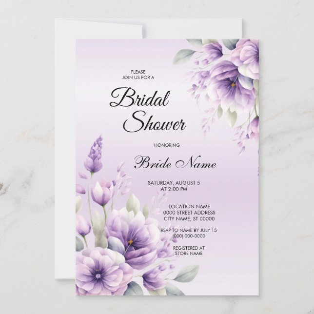 Acuarela Morado Floral Bridal Shower Invitación (Anverso)