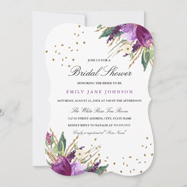 Acuarela Morado Oro Flor Bridal Ducha Invitación (Anverso)