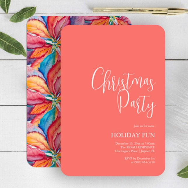 Acuarela Naranja de invitaciones de Navidades únic (Unique Christmas invitation orange watercolor poinsettia by Victoria Grigaliunas of Do Tell A Belle)