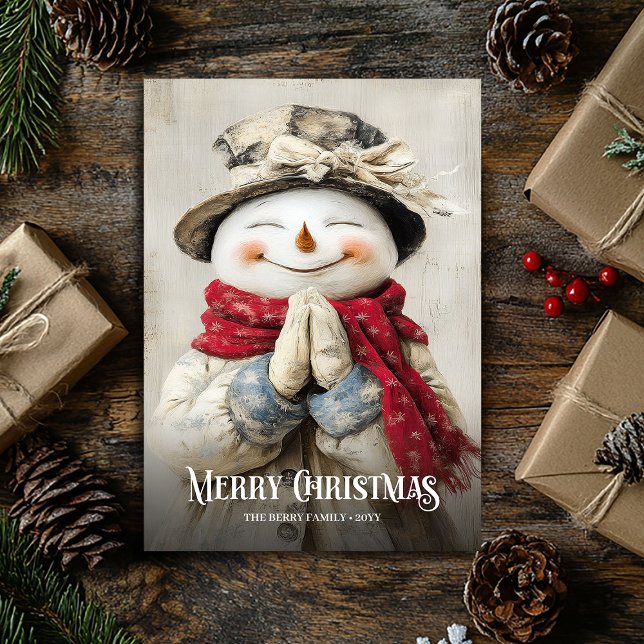 Acuarela Nostálgica Navidad Roja Blanca Muñeco de  (Nostalgic Watercolor Red White Christmas Snowman Holiday Card)