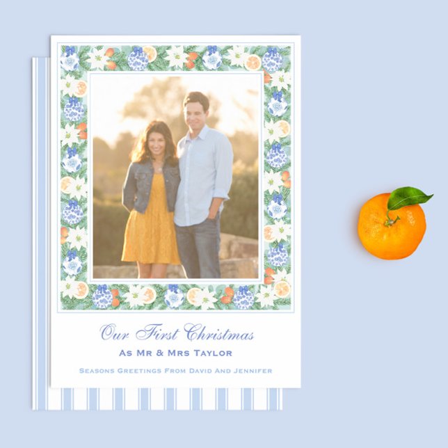 Acuarela Nuestra Primera Navidad Como Sr. Y Sra. P (Our First Christmas As Mr And Mrs photo holiday cards with citrus blue and white chinoiserie frame)