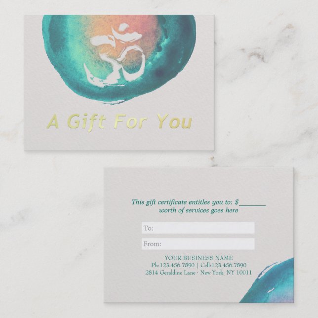 Acuarela OM YOGA Instructor Certificado de regalo (Anverso / Reverso)