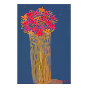 Acuarela OriginalFlores En Vase En Poster Azul