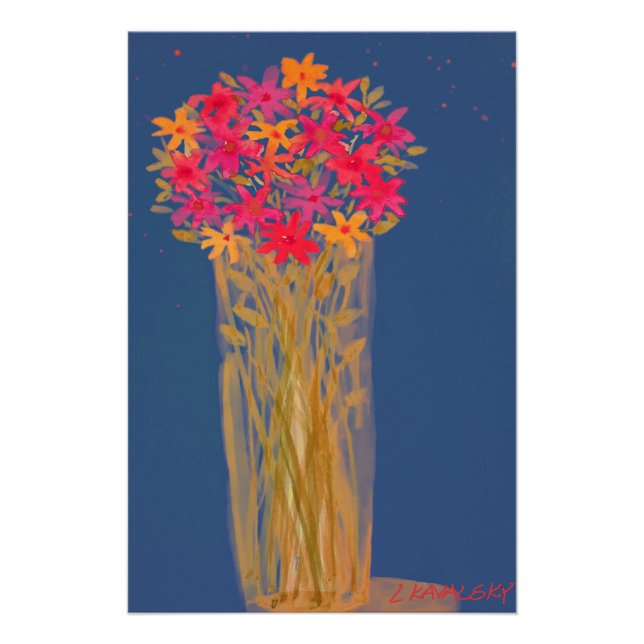 Acuarela OriginalFlores En Vase En Poster Azul (Anverso)