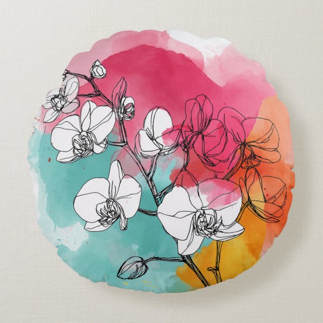 Acuarela Orquídea Almohada redonda (Anverso)