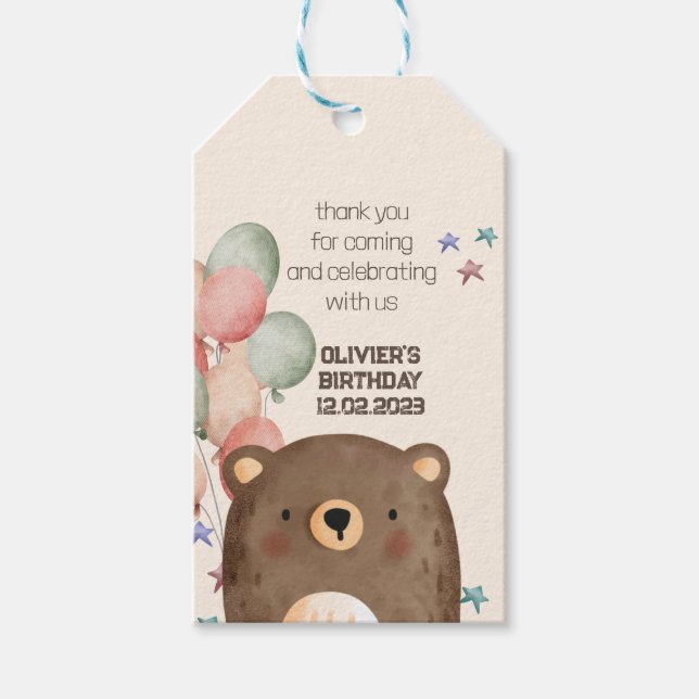 acuarela oso con globos cumpleaños etiqueta de reg (Anverso)