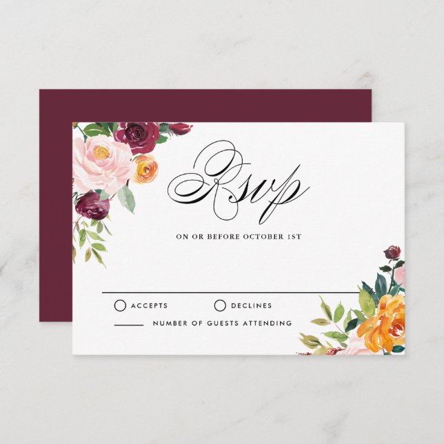 Acuarela Otoño Blooms Floral RSVP Boda (Anverso / Reverso)