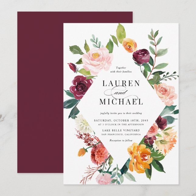 Acuarela Otoño Florece Invitación a Boda Floral (Anverso / Reverso)