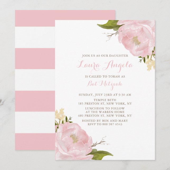 Acuarela Peonies Rosados Invitación a Mitzvah (Anverso / Reverso)