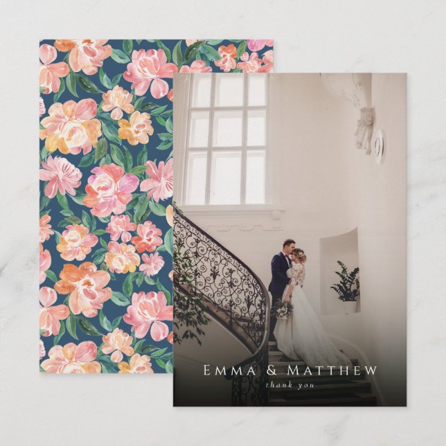 Acuarela Peony Floral Boda Foto Gracias (Anverso / Reverso)