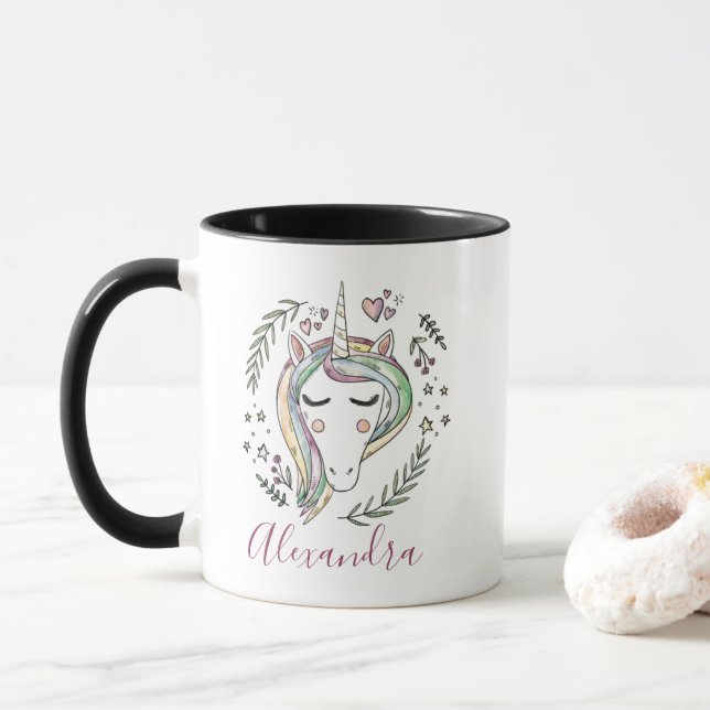 Acuarela personalizada de la taza del unicornio (Con donut)