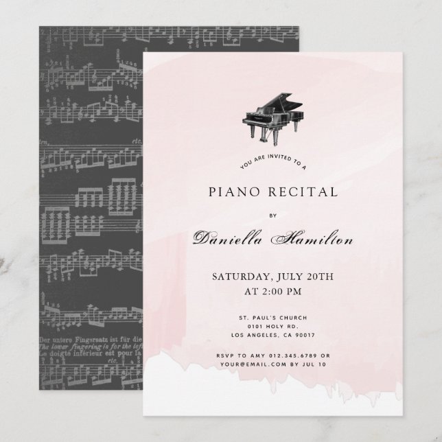 Acuarela Piano Rosa Invitación Recital (Anverso / Reverso)