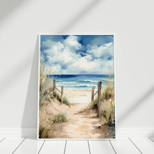 Acuarela Playa costera Ilustracion arte mural (Watercolor Coastal Beach Illustration Wall Art in a white frame)