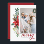 Acuarela Poinsettia Botánica Feliz Navidad<br><div class="desc">¡Feliz y luminoso! Celebra a los Navidades con esta tarjeta plana de Navidades de fotos de color agua. Cuenta con un garaje floral acuático de poinsettias rojas,  pinecones,  bayas y vegetación. Personalice agregando fotos,  nombres y mensajes. Esta tarjeta de foto botánica de Navidad está disponible en otro material.</div>