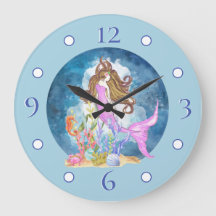 Acuarela Purple Mermaid Gran Reloj de pared acríli