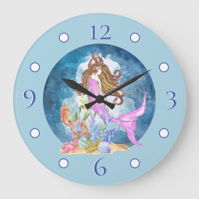 Acuarela Purple Mermaid Gran Reloj de pared acríli (Anverso)