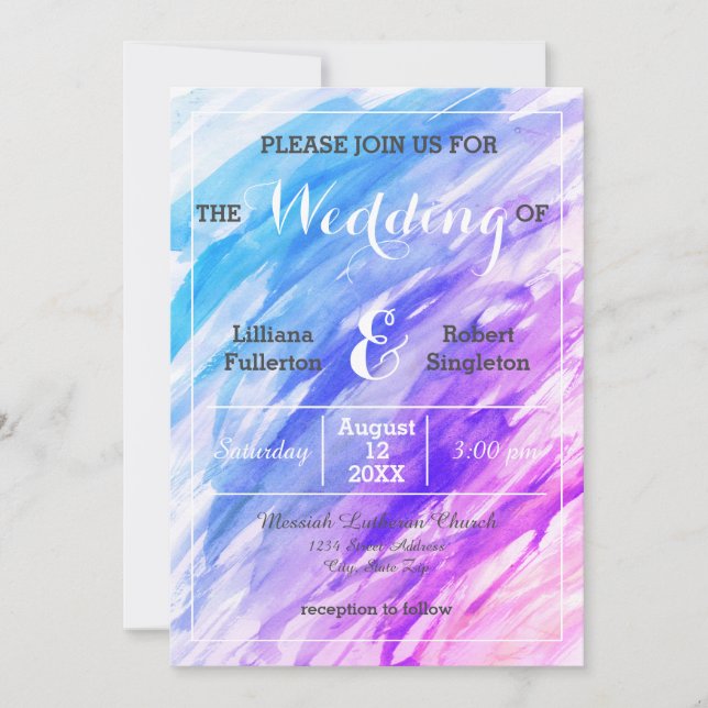 Acuarela púrpura azul - invitación de la boda (Anverso)