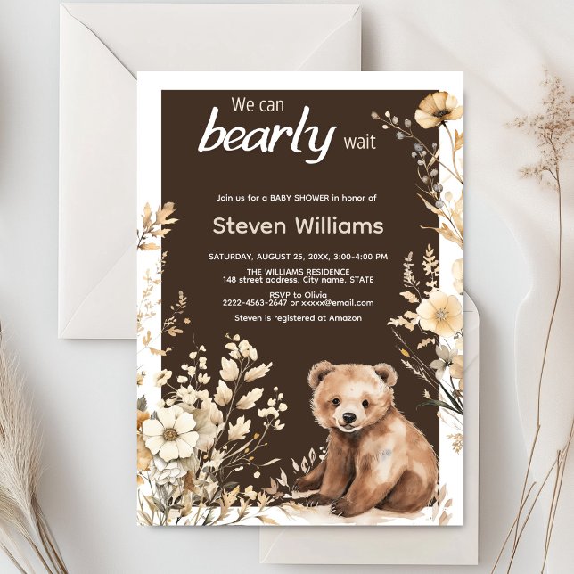 Acuarela que podemos esperar la invitación (Cute bear with rustic blue flowers baby shower invitation)