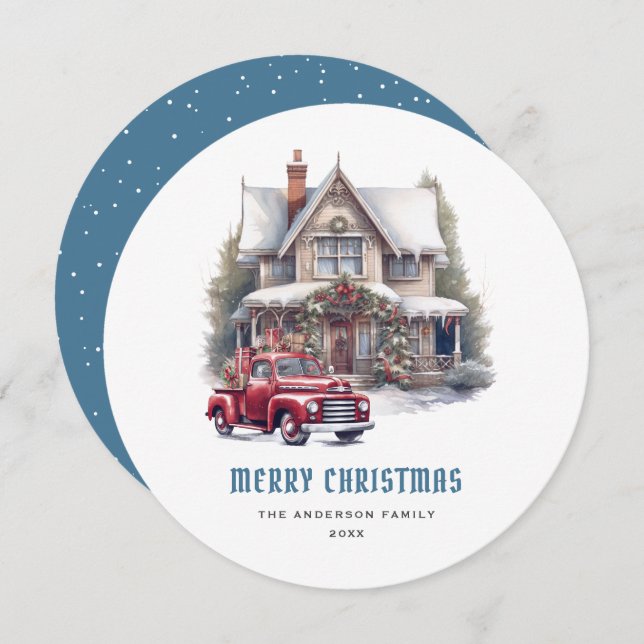 Acuarela Retro Camión Rojo Azul Feliz Navidad (Anverso / Reverso)