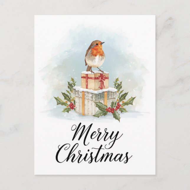 Acuarela Robin Regalos Holly Feliz Navidad (Anverso)