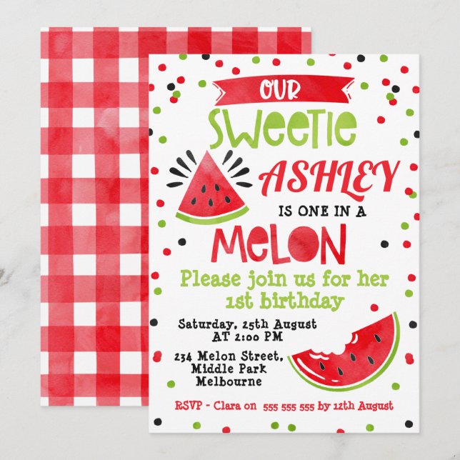 Acuarela Roja En Invitación De Cumpleaños De Melón (Anverso / Reverso)